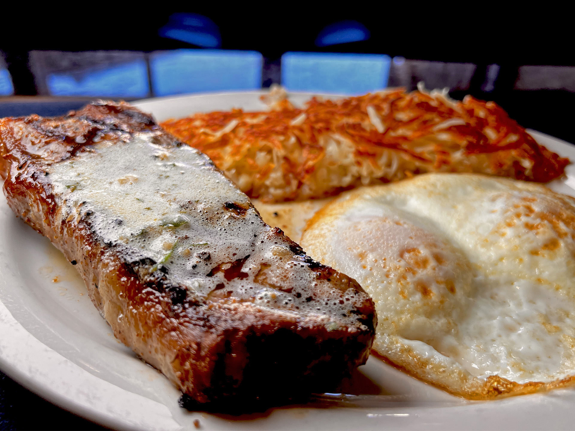 Rib Eye Eggs Hash Brown closeup