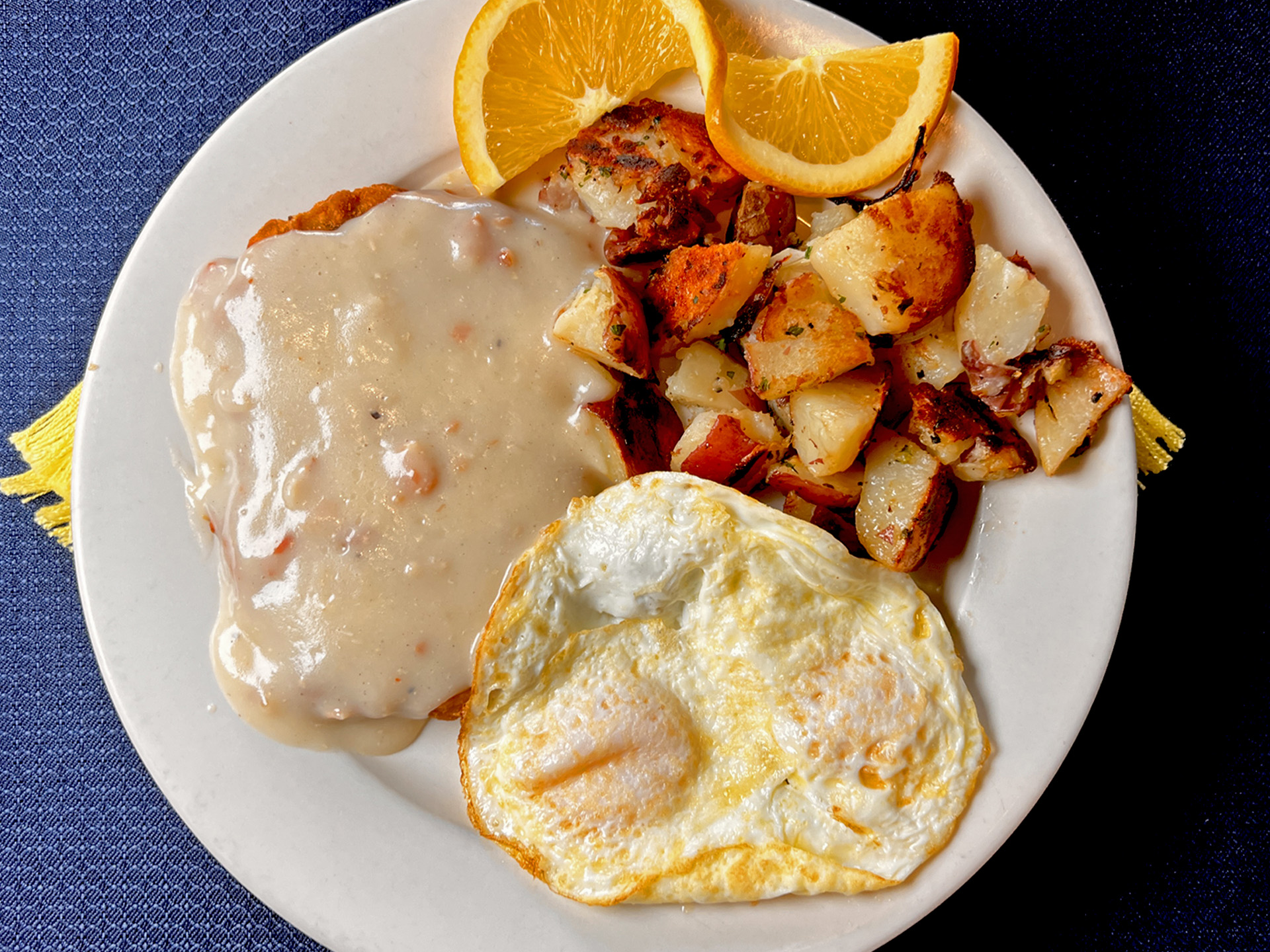 Roasted Potatoes Eggs FriedPattyWithSauce Closeup